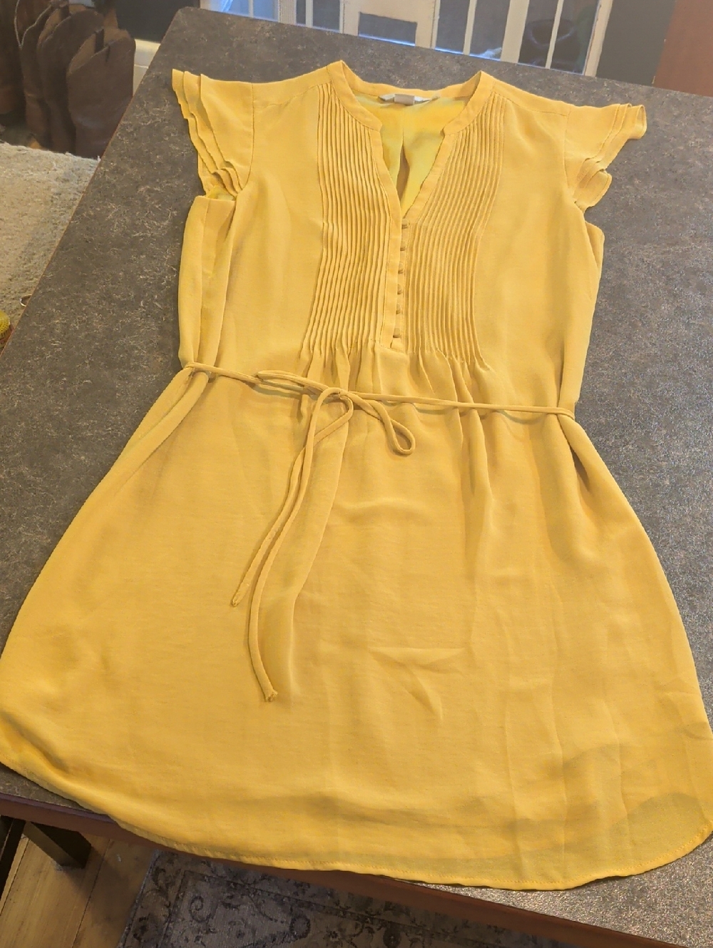 H&M Yellow Pleated Front Tie-Waist Mini Dress